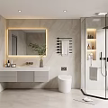 Modern Bathroom Interior With Marble Tiles Wall Mounted Vanity And Glass Shower Enclosure