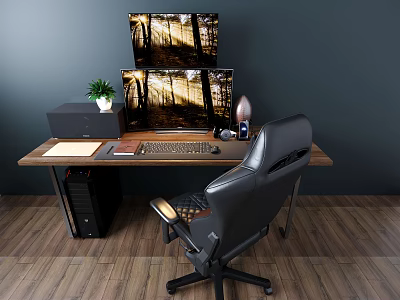 Modern Wooden Office Desk With Dual Monitors Keyboard Black Leather Chair And Potted Plant 3d model