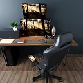 Modern Wooden Office Desk With Dual Monitors Keyboard Black Leather Chair And Potted Plant