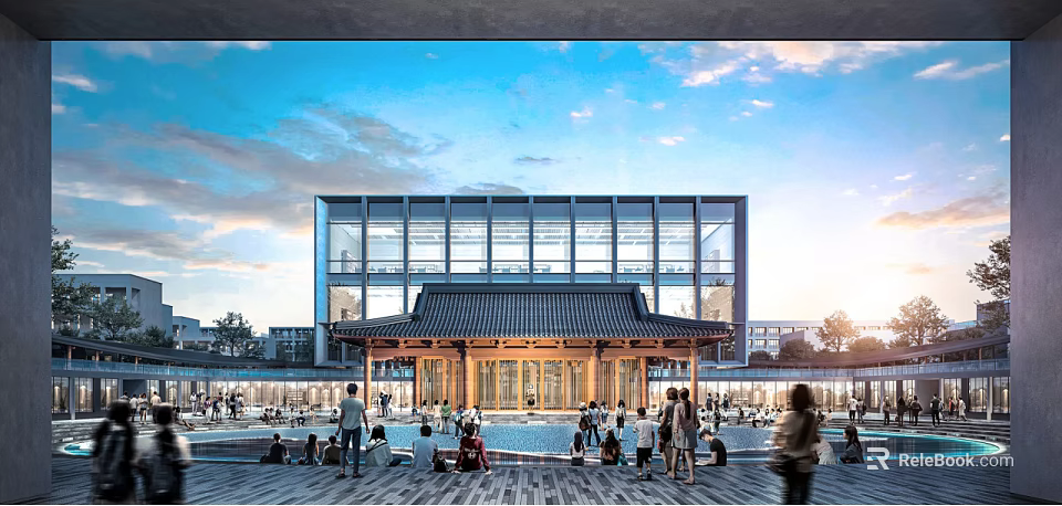Modern School Building With Glass Facade Traditional Roof And Open Plaza For People Gathering 3d model 