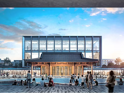 Modern School Building With Glass Facade Traditional Roof And Open Plaza For People Gathering 3d model
