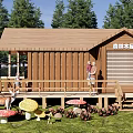 Charming Wooden Cottage In Pine Forest With Wooden Deck And Mushroom Decorations