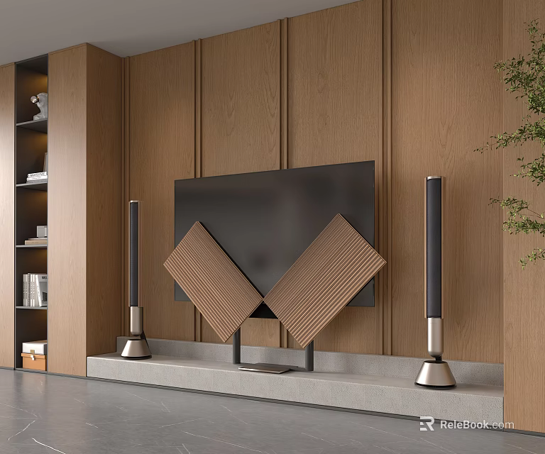 Modern TV Setup In Living Room With Wooden Wall Panels TV Stand And Floor Speakers 3d model 