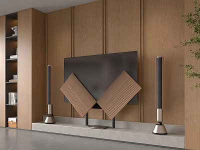 Modern TV Setup In Living Room With Wooden Wall Panels TV Stand And Floor Speakers 3d model