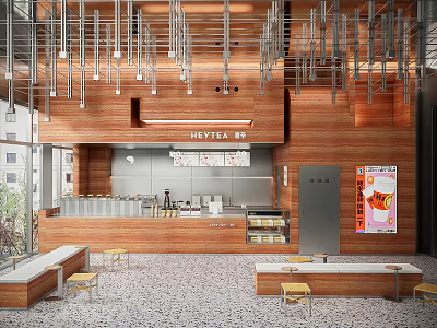 HEYTEA Milk Tea Shop Interior With Wooden Walls Hanging Lights Counter And Tables 3d model