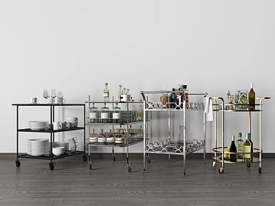 Commercial Equipment Various Styles Carts with Wheels Holding Wine Glasses Bottles and Plates 3d model