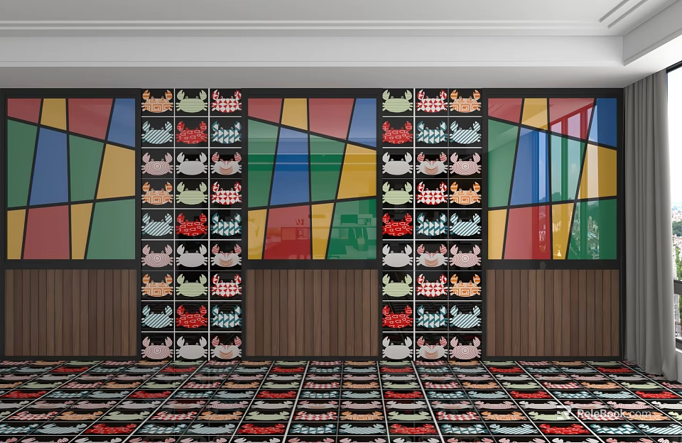 Colorful Stained Glass Background Wall With Crab Patterns And Wooden Panels Interior Design 3d model 