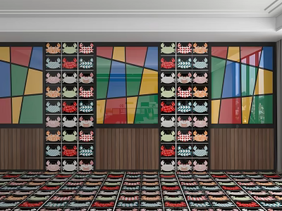 Colorful Stained Glass Background Wall With Crab Patterns And Wooden Panels Interior Design 3d model