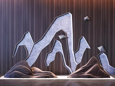 Decorative Ornament Set Featuring Grey Geometric Mountain Shapes and Brown Rock-like Ornaments on Wooden Wall 3d model