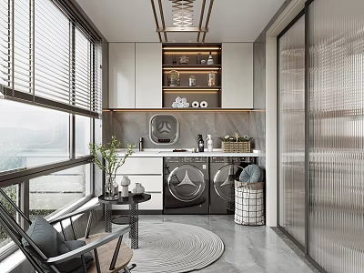 Home Balcony Interior With Washing Machine Dryer Cabinets Shelf Plant Chair And Round Rug 3d model