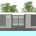 Modern Entrance Gate Design With Striped Grille Green Trees And Cloudy Sky