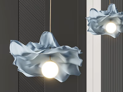Blue Petal Pendant Light With Lightweight Material Round Bulb And Dark Vertical Striped Wall 3d model