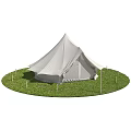 Cream-Colored Camping Tent With Peak-Top Design Set On Green Grass And Wooden Stakes