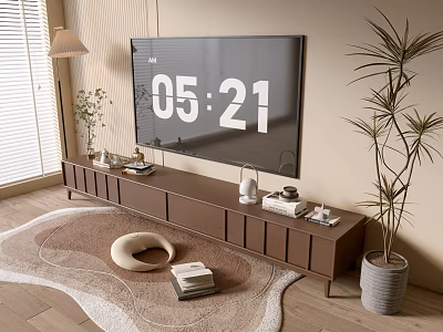 Modern Wooden Console Table With TV Decor Plants And Rug In Living Room 3d model