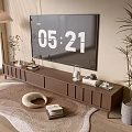 Modern Wooden Console Table With TV Decor Plants And Rug In Living Room