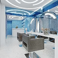 Modern Beauty Salon Interior With Circular Blue Lighting Stylish Mirrors And Gray Chairs