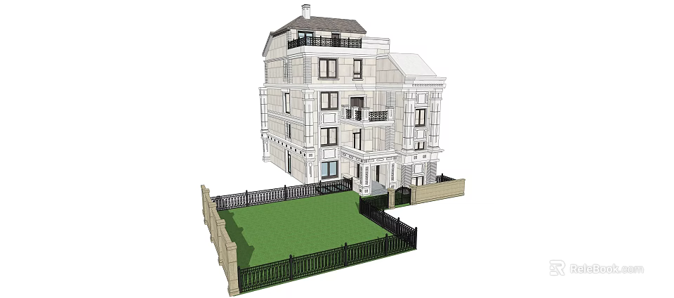 Detached Villa Exterior Design with Three Story Structure Balcony and Front Lawn Fence 3d model 