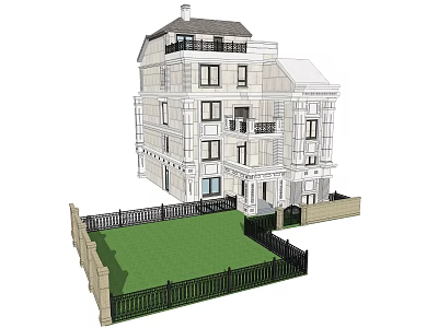 Detached Villa Exterior Design with Three Story Structure Balcony and Front Lawn Fence 3d model