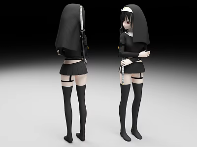 Anime Nun Character Model with Black Dress and Thigh High Socks Back Side View 3d model