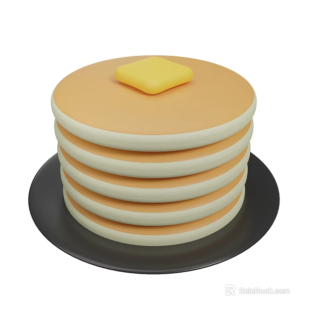 Golden Stacked Pancakes on Black Plate with Butter on Top 3d model 