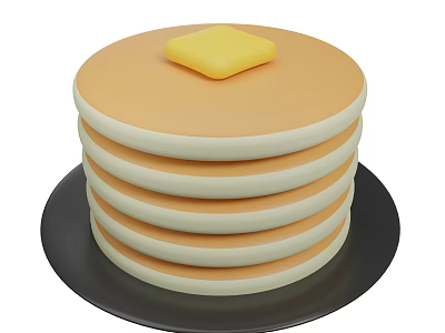 Golden Stacked Pancakes on Black Plate with Butter on Top 3d model