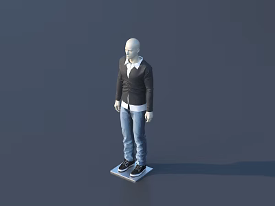 Model in black cardigan white shirt blue jeans and black shoes on gray platform 3d model
