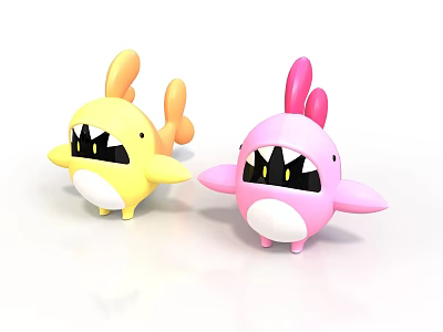 Yellow And Pink Cartoon Shark Dolls With Big Mouths Sharp Teeth Orange Fins White Bellies 3d model