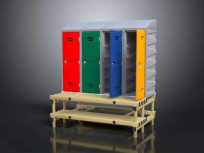 Colorful Storage Lockers With Red Green Blue Yellow Doors On Wooden Stand 3d model