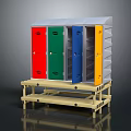 Colorful Storage Lockers With Red Green Blue Yellow Doors On Wooden Stand