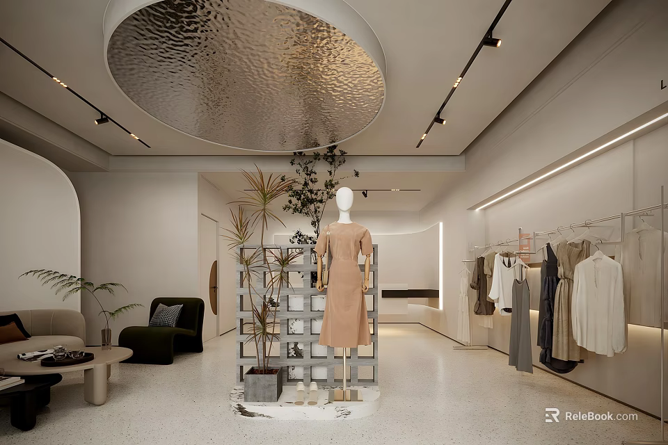 Minimalist Clothing Store Interior With Silver Circular Ceiling Mannequin Clothes On Racks Plants And Sofa 3d model 