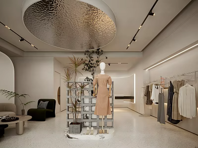 Minimalist Clothing Store Interior With Silver Circular Ceiling Mannequin Clothes On Racks Plants And Sofa 3d model