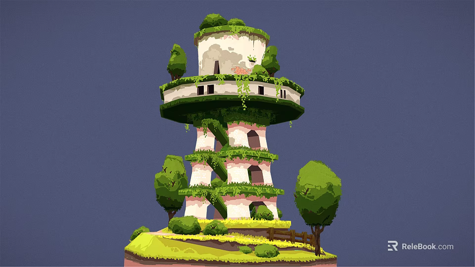 Ivy Covered Multi Story Tower With Windows And Greenery Surrounded by Trees and Grass 3d model 