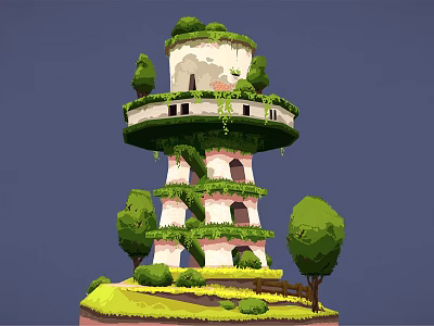 Ivy Covered Multi Story Tower With Windows And Greenery Surrounded by Trees and Grass 3d model