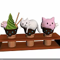 Cute Cat Shaped Ice Cream Green And Pink Flavors In Cone Cups On Wooden Stand