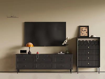 Modern Dark TV Stand with Drawers TV and Decorative Items on Neutral Wall 3d model