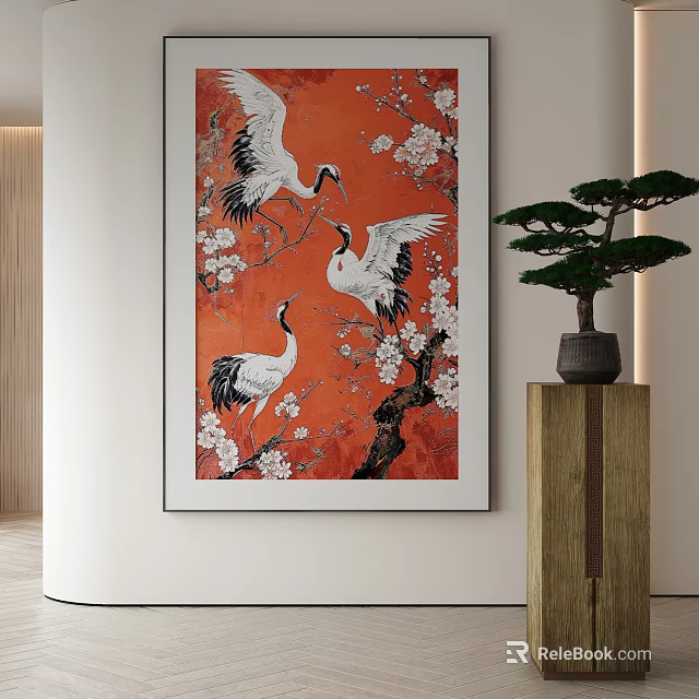 Abstract Painting With Red Background Featuring White Cranes And Cherry Blossoms 3d model