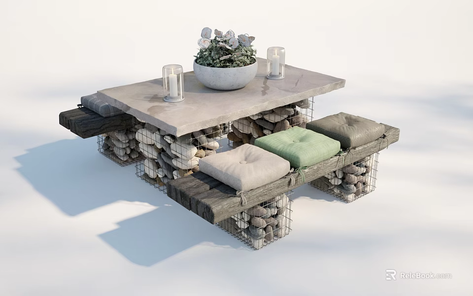 Outdoor Table with Concrete Top Gabion Benches Green Gray Cushions Potted Plant and Glass Cups 3d model 