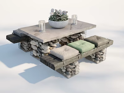 Outdoor Table with Concrete Top Gabion Benches Green Gray Cushions Potted Plant and Glass Cups 3d model