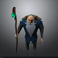 Old Man Character With Long White Beard Holding Staff With Green Gem And Backpack