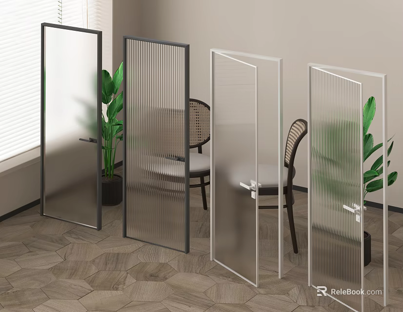 Hinged Glass Doors With Various Designs In Modern Interior With Plants Chairs And Wooden Floor 3d model 