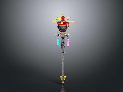 Ornate Decorative Weapon Featuring Yellow Red Top Blue Pink Hanging Parts on Metallic Long Shaft 3d model