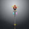 Ornate Decorative Weapon Featuring Yellow Red Top Blue Pink Hanging Parts on Metallic Long Shaft