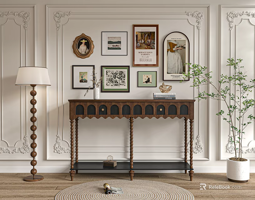 Elegant Wooden Console Table With Wall Art Frames Floor Lamp And Potted Plant 3d model 