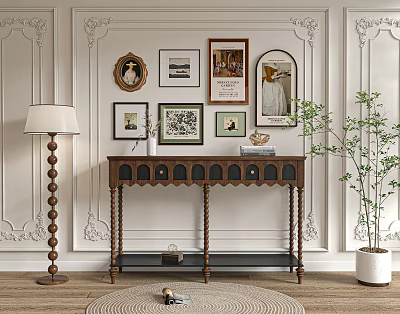 Elegant Wooden Console Table With Wall Art Frames Floor Lamp And Potted Plant 3d model