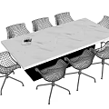 Modern Conference Table With White Marble Top And Eight White Mesh Metal Chairs