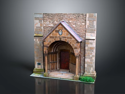 Arched Stone Gate With Wooden Door Decorative Emblem Gable Roof Steps And Green Plants 3d model