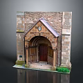 Arched Stone Gate With Wooden Door Decorative Emblem Gable Roof Steps And Green Plants