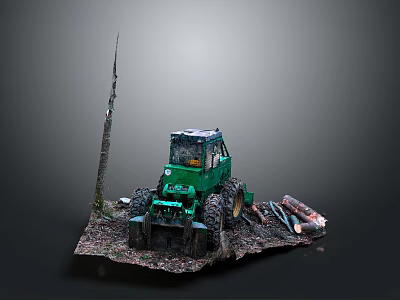 Green Farm Tractor With Logs And Tall Pole On Muddy Ground 3d model