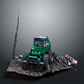 Green Farm Tractor With Logs And Tall Pole On Muddy Ground