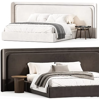 Stylish Upholstered Bed Interior With White Pillows Gray Blanket And Wooden Side Tables 3d model